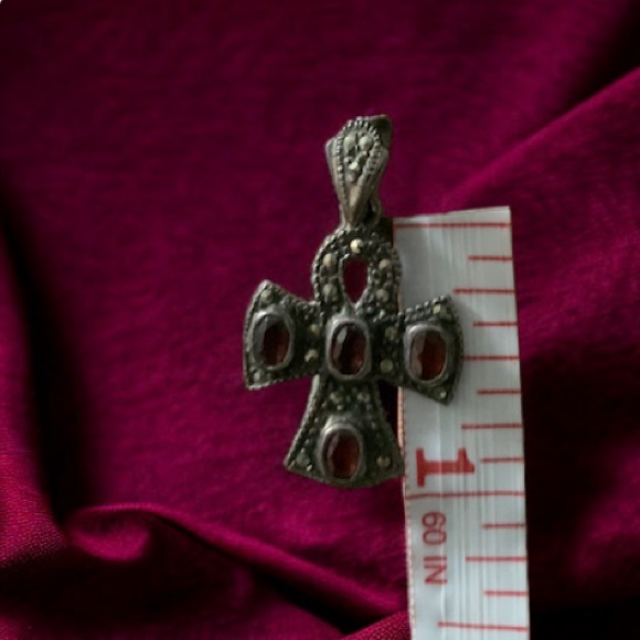 Vintage Sterling Silver  Filigree Cross Pendant with Garnet Stone - Picture 2 of 16
